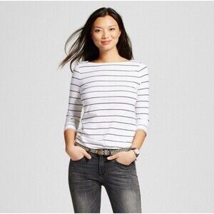 Women’s Merona Black White Striped Tee Boat Neck Top Size Medium NEW